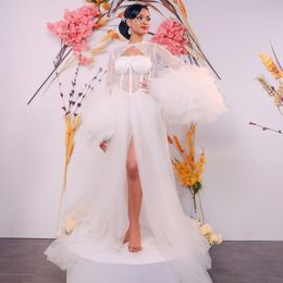 Elegant Tulle Maternity Dresses High Legs Split Photo Shoot Sexy Bridal Fluffy Robe Full Length Long Bathrobe Gown