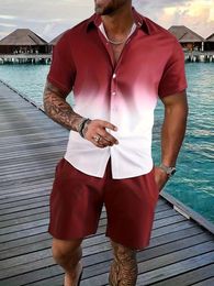 Men's Tracksuits Summer Men Shirt Sets 3D Print Graduated Stripes Short Sleeve Casual Oversized Beach Shorts Hawaiian Man Suits Clothing