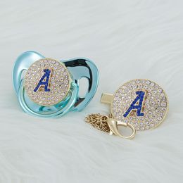 MIYOCAR Gold 3D Initials bling blue letter A bling pacifier and pacifier clip BPA free dummy bling unique gift to baby