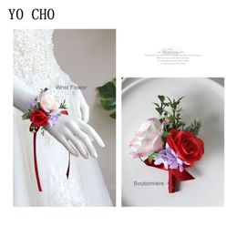 YO CHO White Wedding Corsage and Wrist Flower Suit Silk Rose Marriage Corsage Boutonniere Groom Guest Brooch Wedding Accessories