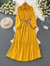 Casual Dresses Aibeautyer Spring Autumn Solid Slim Full Lady Dress A Line Turndown Collar Chiffon Pullover Mid-Calf Women