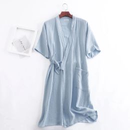 Gamepads Summer 100% Cotton Gauze Crepe Short Sleeve Robes for Women and Men Solid Bathrobe Loose Soft Japanesestyle Kimono Robe 2021