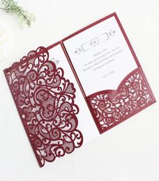 Dark Red Tri fold Hollow Laser cut Pocket Wedding Invite Invitation Card Coverno inner paper envelope1722740