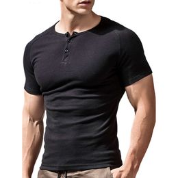 Henry Shirt Men's Short Sleeved T-shirt Henry Collar American Pure Cotton Tight Fitting Sports and Fiess Top