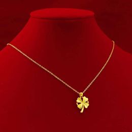 Pendant Necklaces Real 18k 3D Hard Gold Clover Pendant Necklace for Women Bride Gold Chain Necklace Wedding Engagement Fine Jewellery Gifts 240410