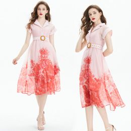 Women Printed Dress Boutique Short Sleeve Shirt Dress Summer Rayon Dress High-end Temperament Lady Floral Chiffon Dresses OL Runway Dresses