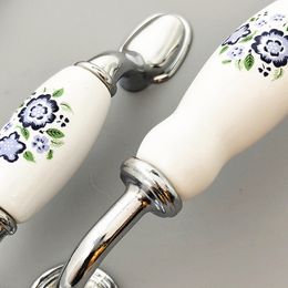 1pc White Ceramic Cabinet Handles With Blue Flowers Zinc Alloy Drawer Knobs Wardrobe Door Handle Simple Furniture Hardware