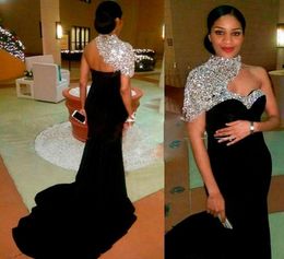 Bling Bling Elegant Black Long Mermaid Evening Dresses High Neck Crystal Beaded Short Sleeves Women Crystal Beaded Formal Prom Gow9554768