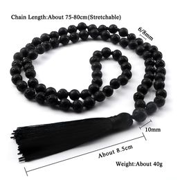 Buddhist Mala Beaded Necklaces for Women Men 6 8mm Black Lava Rock Stone Long Tassel Necklace Handmade Vintage Ethnic Jewelry