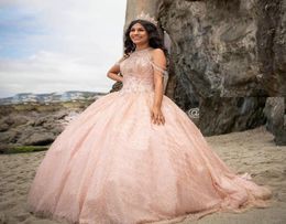 Rose Gold Crystal Beading Ball Gown Quinceanera Dresses Sparkly Off The Shoulder Lace Up Back Sweet 16 Dress Vestido De 15 Anos6079853