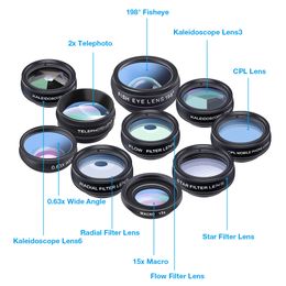 APEXEL 10 in 1 Phone camera Lens Kit Fisheye Wide Angle Macro Lens CPL Philtre Kaleidoscope And 2X Telescope Lens For Smartphones