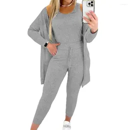 Women's Two Piece Pants Women Sweatshirt Suit 3-piece High Waist Elastic Sweatpants With Sleeveless Vest Mid Length Coat For Fall