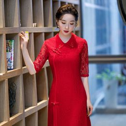 autumn new handmade hot rolled diamond large swing skirt improved banquet show lace qipao small fragrance wind