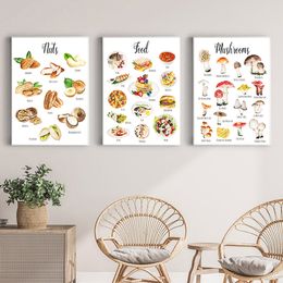 Vegetables Fruits Food Nuts Mushroom Poster Print Watercolor Montessori Educational Canvas Painting Wall Pictures Kitchen Decor