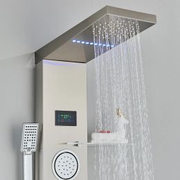 Bathroom Rainfall Shower Faucet LED Shower Panel Column Bathtub Spout Mixer Digital Display Massage Jets Hand Shower Shelf*2