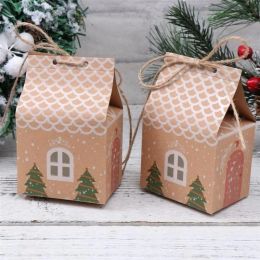 50pcs Party Supplies Holder Xmas Decor House Shape Cookies Pouch Christmas Candy Box Kraft Paper Gift Bags