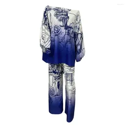 Women's Two Piece Pants Breathable Women Suit Top Set Rose Printed One Shoulder Wide Leg For Vacation Outfit With Soft