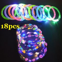 18pcs LED Light Up Toys Girl Flower Hair Wreath Bracelet Bangle Glow in Dark Party Cosplay Birthday Wedding Christmas Decoration