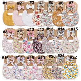 9set Baby Headband Floral Prints Newborn Double Side Bibs Boys Girls Bandana Burp Cloths Feeding Smock Stuff Tassel Saliva Towel