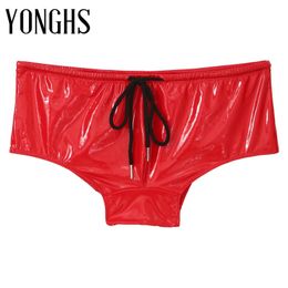 Black Mens Wet Look Patent Leather Boxer Shorts Pole Dancing Performance Costumes Male Low Rise Drawstring Swimwear 240328