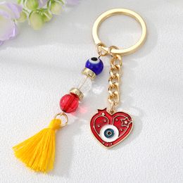 Crystal Heart Evil Eye Bead Keychain Keyring For Women Men Couple Enamel Blue Eye Tassel Bag Car Airpods Box Phone Charm Jewellery