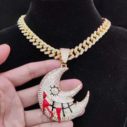 Pendant Necklaces Men Women Hip Hop Moon Necklace with 13mm Crystal Cuban Chain Hiphop Iced Out Bling Fashion Charm Jewellery 230613