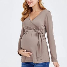 Mama Clothes Maternity Blouses Long Sleeve V-neck Breastfeeding Shirt Tops Pregnancy Clothing Nursing Casual Pregnant Shirts2022