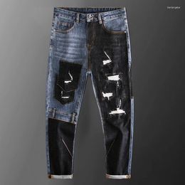 Men's Jeans High Street Color Blocking Patchwork Washed For Men Trendy Slim Fit Elastic Denim Punk Trousers Vaqueros Hombre