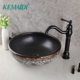 KEMAIDI Ceramic Waterfall Spout Basin Black Tap Bathroom Sink Washbasin Bath Brass Set Faucet Mixer Taps