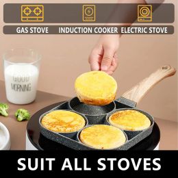 4-Hole Frying Pot Thickened Omelette Pan Black Non-stick Egg Ham Pancake Steak Wooden Handle Kitchen Cooking Breakfast Make