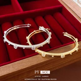 Genuine Gold Electroplated Diamond Inlaid Brushed Metal Opening for Female Korean Style Niche Design, Elegant Bracelet