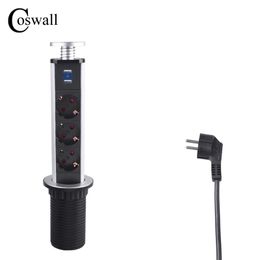 COSWALL PULL POP UP 3 Socket 2 USB Charge Port Kitchen Table Desktop Outlet Retractable EU Plug Aluminium Body Blue Backlight