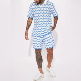 2023 Summer Mens Set Knit Fashion Print Shirts and Shorts Two Piece Suits Sports Leisure Male Clothing 240326