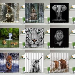 Animal Shower Curtains Elephant Zebra Tiger Leopard Waterproof Fabric Bath Curtains Wildlife Printed Bathroom Decor Screen Hooks