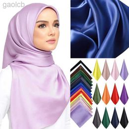 Scarves High Quality 90*90cm Square Silk Scarf Female Plain Shawls and Wrap Office Lady Hair Neck Foulard India Muslim Headscarf Pareo 240410