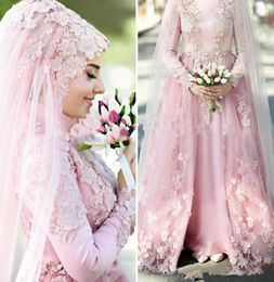 Pearl Pink Muslim Wedding Dresses Bridal Gowns 2021 A Line High Neck Long Sleeves 3D Floral lace Dubai Arabic Without Hijab Bride 6626464