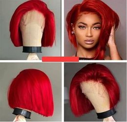 Short Bob Red Straight Lace Front Human Hair Wig Preplucked Hairline Peruvian Remy burgundy wig With Baby Hair5697838