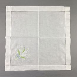 12 PCS Napkins White linen Hemstitched Table Napkin 20x20-inch Ladder Embroidered Lily Flower Dinner