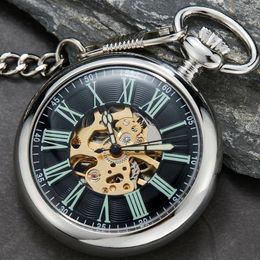 Antique Smooth Silver Skeleton Transparent Mechanical Pocket Watch For Men FOB Chain Hand Winding Reloj De Bolsillo 240327