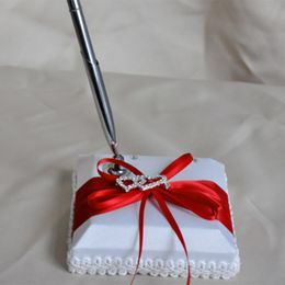 Wedding Guest Book With Pen Holder Sets Satin Bows Signature Book With Diamonds Love Shape For Party Decorations-Red+White