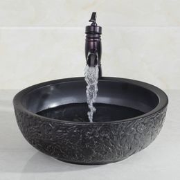 KEMAIDI Ceramic Bowl,Sink,Wash Oil Rubbed Bronze Faucet With Round Ceramic Bathroom Sink Set Bathroom Faucet&Sink Accessories