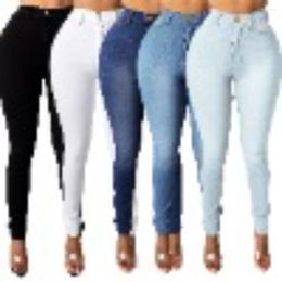 Women's Jeans 2024 Casual Versatile Solid Color Pocket Elastic High Waist Slim Fit Small Foot Pencil Denim Pants