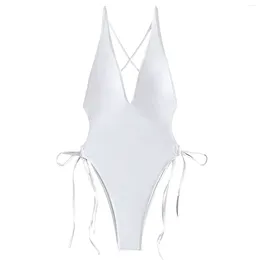 Women's Swimwear 2024 Leisure Summer V Neck One-Piece Swimsuit Tie Side High Cut Bathing Suit Sexy Women Bikini