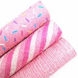 Pink Sprinkles Stripes Hearts Printed Chunky Glitter Vinyl Fabric Sheet Felt Backing Glitter Faux Leather For DIY A4 SIZE R475B