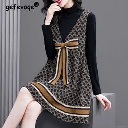 Autumn Winter Black Bottomed T-shirt Bow Tank Dress Two Pieces Set Ladies Casual Fashion Printing Sweet Sleeveless Robe Top Suit 240403