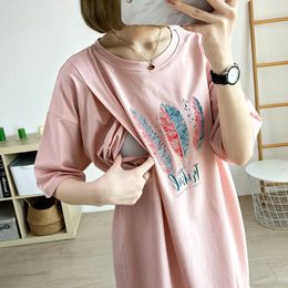 Feather Printed Postpartum Breastfeeding T-shirt High-quality Maternity Shirt And Blouse Pregnant Clothes Top