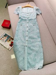 Spring Summer Blue Floral Lace Pockets Belted Dress Short Sleeve Square Neck Panelled Single-Breasted Casual Dresses N4A094929