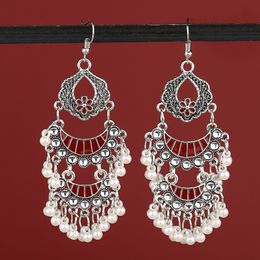 Gypsy Afghani Flower Multi-Layer Indian Jhumka Earrings For Women Bohemian Retro Pearl Tassel Long Tibetan Earrings Oorbellen