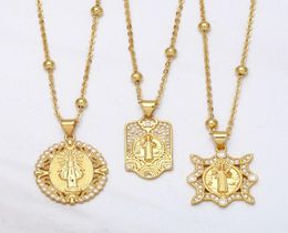 Pendant Necklaces FLOLA Bead Chain Saint Benedict Medal Necklace Copper Zircon White Stone Short Gold Plated Catholic Jewellery Nkea5831849