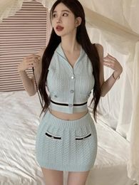 Work Dresses Summer Sweet Knitted Two Piece Set For Women Hooded Cardigan Crop Top Bodycon Skirt Suits Korean Fashion Chic 2 Outfits